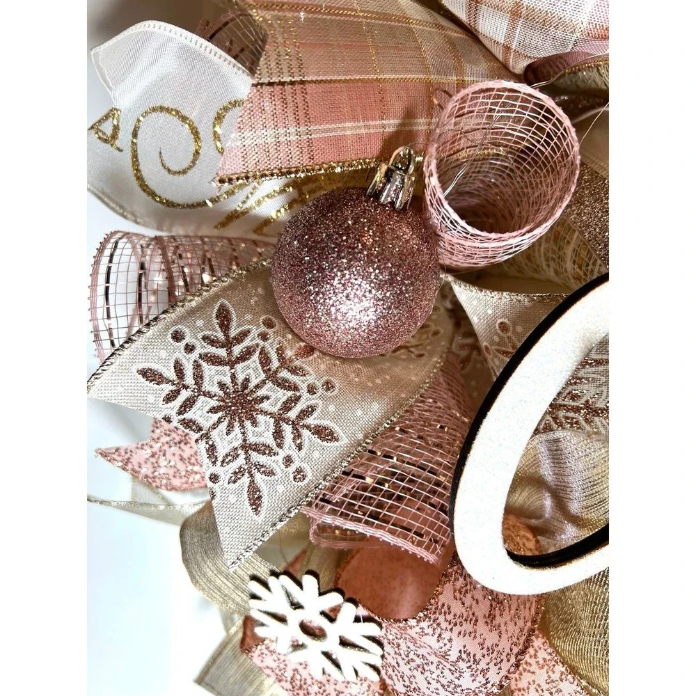 Christmas Snowflake Holiday Ribbon Door Wreath Handmade 22 ins LED W42 Gold Pink